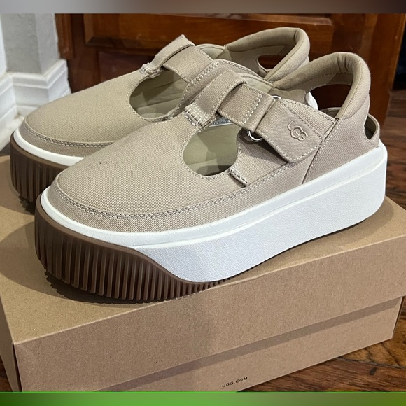 UGG Shoes - UGG Kids Tan Canvas Platform Mary-Jane Sneakers